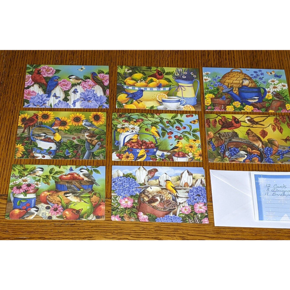 Blank Notes Notecards Set 12 Birds Flowers Fruit Seasons Jane Maday 6 x 4" READ